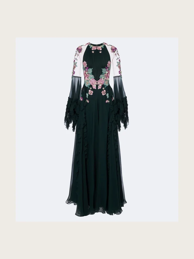 Embellished floral-appliqué silk gown